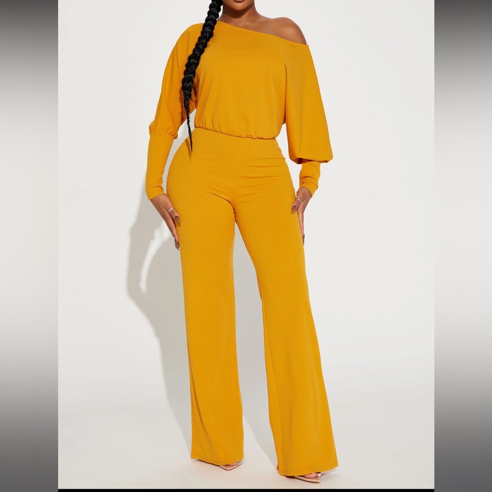 NWT Fashion Nova Mustard One-Shoulder Wide-Leg Jumpsuit